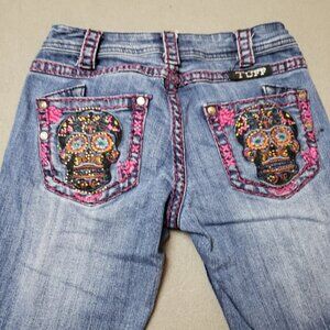 Cowgirl Tuff Lowrise Flare Embroidered Sugar Skull Jeans